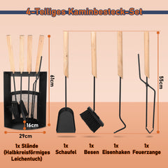 SWANEW Kaminbesteck, 4-teiliges Kaminbesteck Set, Kamingarnitur, Kaminzubehör mit Holzgriff und Halbkreisförmiges Leichentuch