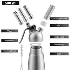 SWANEW Sahnespender Aluminium/Edelstahl Sahnesyphon, 0,5 L Mit 3 Edelstahl Deko-DĂŒsen und ReinigungbĂŒrste