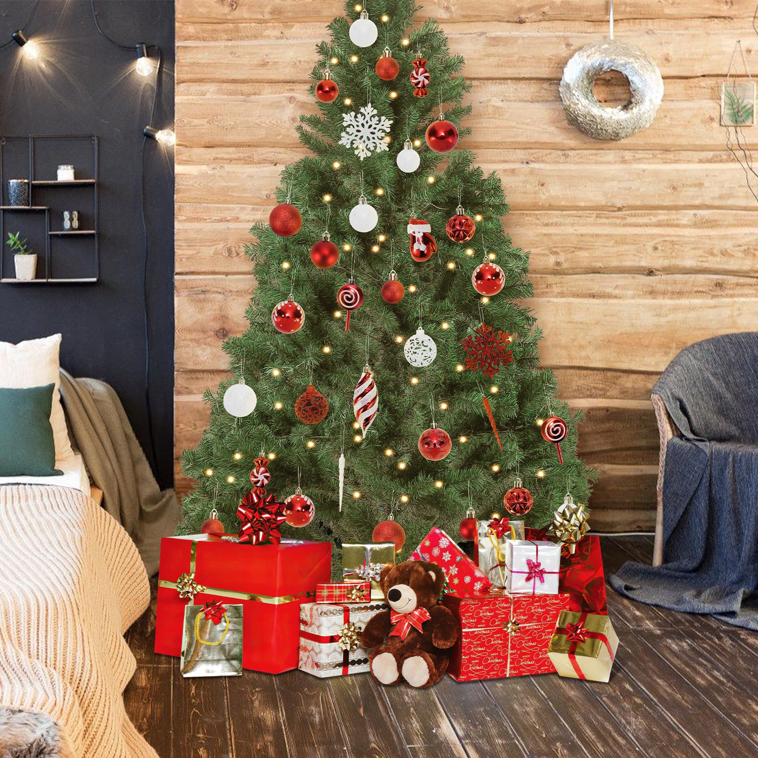 SWANEW Weihnachtskugel-Set - 130 Stück hochwertige Kunststoff-Weihnachtskugeln in verschiedenen Designs, schön gestaltete