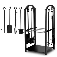 SWANEW kaminholzregal Innen und Aussen, mit Kaminbesteck, Metall Brennholzregal, Holzunterstand für Kaminholz, 37 x 33 x 74CM, Schwarz