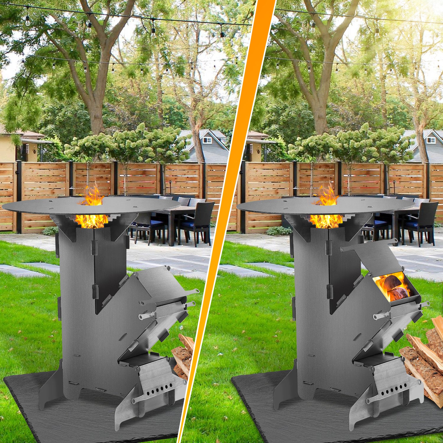 SWANEW Raketenofen mit Grillplatte und Feuerhaken, Rocket Stove Stecksystem aus 3 mm dickem Stahl, Raketenofen Outdoor Holzofen Campingkocher Kanonenofen für BBQ Terrasse