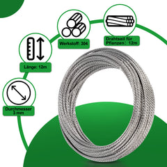 SWANEW Rankhilfe, Edelstahl Drahtseil, , Rankseilsystem Set 12M, mit Wandhaltern und 3mm Stahlseil, fĂźr Kletterpflanzen