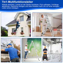 SWANEW 3,6m/4,7m/5,82m Aluminium Mehrzweckleiter 4x3/4x4/4x5 Stufen, Multifunktionsleiter mit 2 Plattform und Räder, Klappleiter, Trittleiter