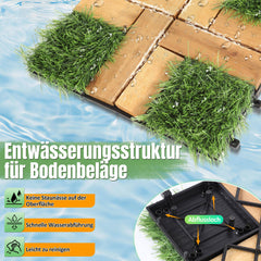 SWANEW Holzfliesen aus Akazien Holz, Balkonfliesen mit Künstlichem Gras, Dekorationsbodenmatte
