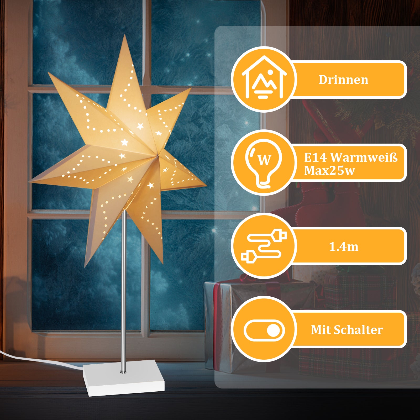 SWANEW Weihnachtsstern Tischlampe, Holzsockel, Weißer 3D-Papierstern φ42cm, Dekorative Papierstern Weihnachten Tischlampe mit Kabelschalter, E14, inkl. Leuchtmittel