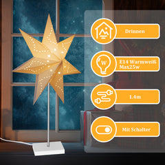 SWANEW Weihnachtsstern Tischlampe, Holzsockel, Weißer 3D-Papierstern φ42cm, Dekorative Papierstern Weihnachten Tischlampe mit Kabelschalter, E14, inkl. Leuchtmittel
