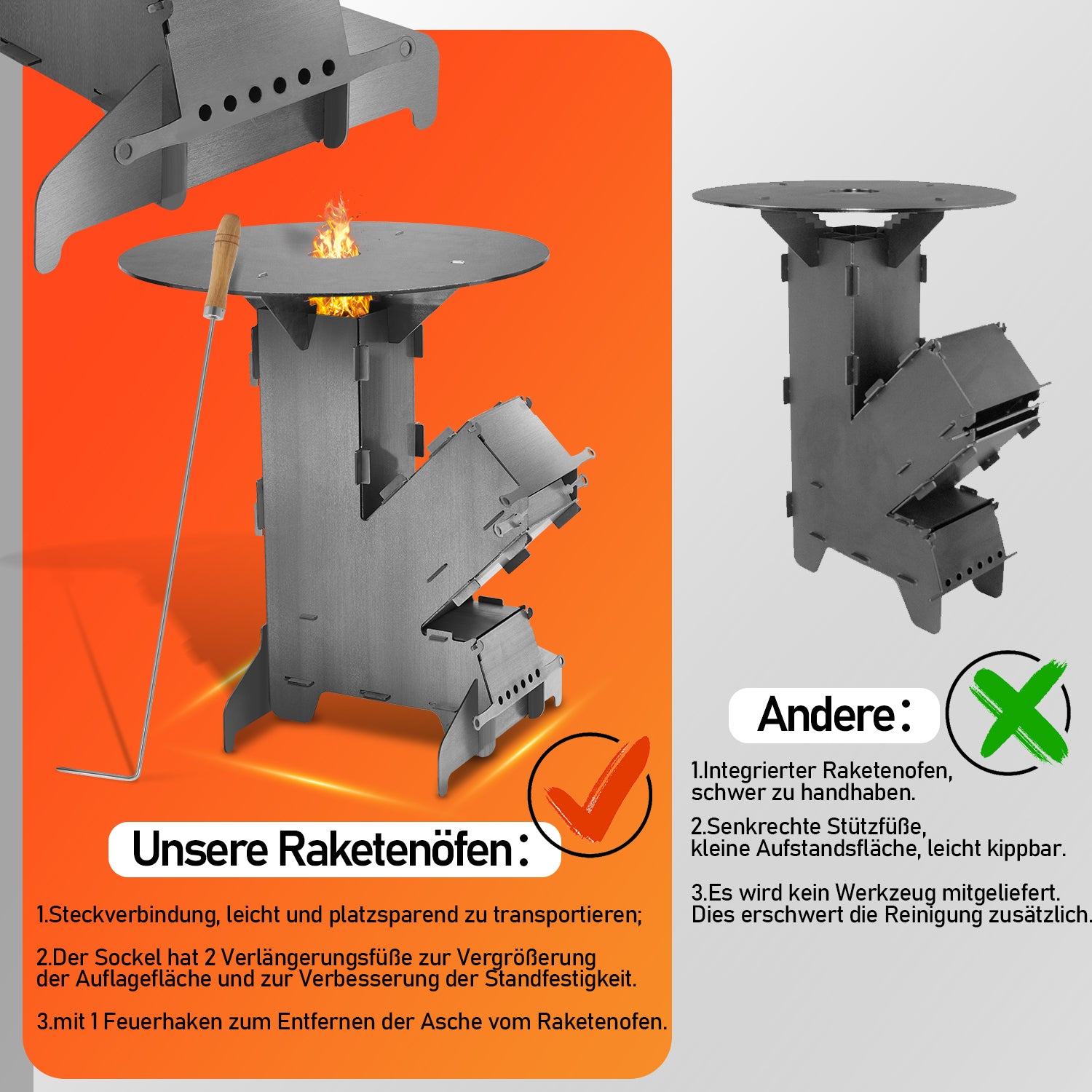 SWANEW Raketenofen mit Grillplatte und Feuerhaken, Rocket Stove Stecksystem aus 3 mm dickem Stahl, Raketenofen Outdoor Holzofen Campingkocher Kanonenofen für BBQ Terrasse