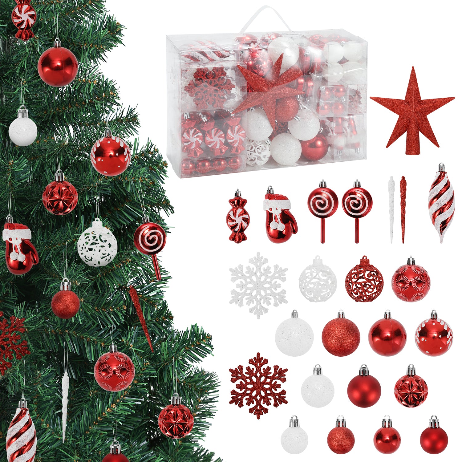 SWANEW Weihnachtskugel-Set - 130 Stück hochwertige Kunststoff-Weihnachtskugeln in verschiedenen Designs, schön gestaltete