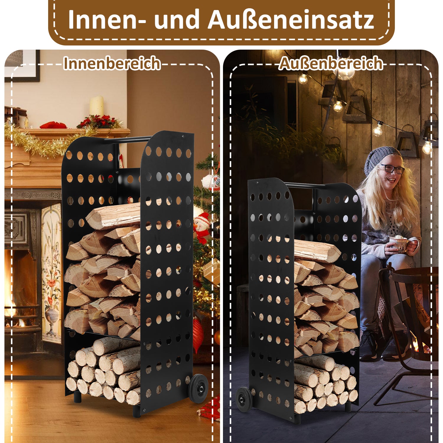 SWANEW Kaminholzwagen Brennholzwagen Kaminholzständer Trolley,Kaminzubehör Holzkarre 60kg, Mit Lochplatte, 42x35x112cm