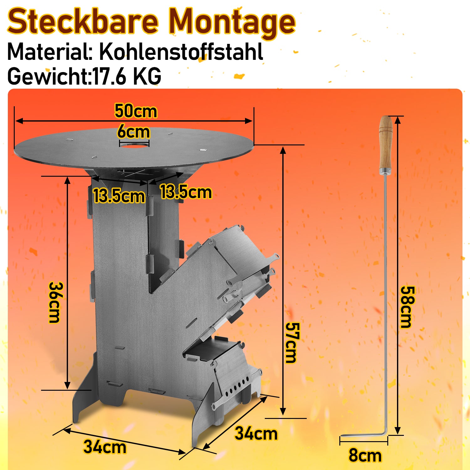SWANEW Raketenofen mit Grillplatte und Feuerhaken, Rocket Stove Stecksystem aus 3 mm dickem Stahl, Raketenofen Outdoor Holzofen Campingkocher Kanonenofen für BBQ Terrasse