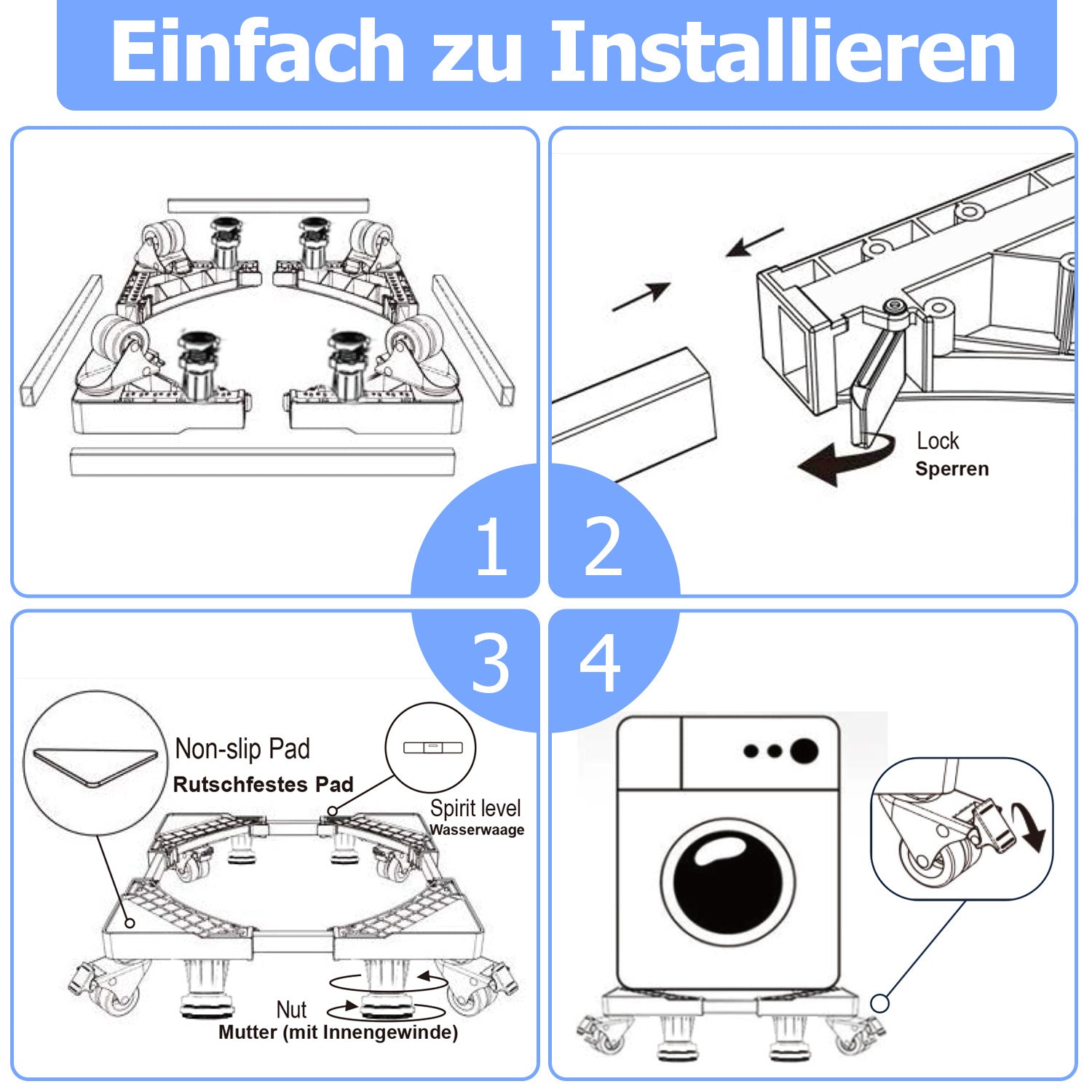 SWANEW Waschmaschinen Untergestell, 41-65cm 8 Füße und 4 Räder, Verstellbare Waschmaschine Sockel, Podeste & Rahmen für Gefrierschrank