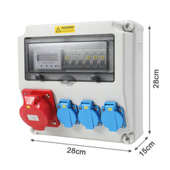 SWANEW Wandverteiler, Baustromverteiler 3x16A 230V, 1x CEE+32A 5 polig Steckdosen mit MCB Leitungsschutzschalter, 3-Phasen Stromverteiler IP44 Mit Sicherheitsklappdeckeln