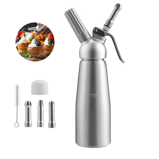 SWANEW Sahnespender Aluminium/Edelstahl Sahnesyphon, 0,5 L Mit 3 Edelstahl Deko-Düsen und Reinigungbürste