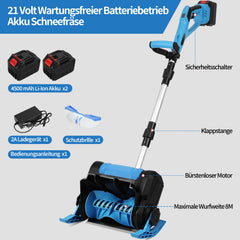 SWANEW Akku-Schneefräse, Schneekehrmaschine, Elektrischer Räumer, mit 2Akku und Ladegerät Räumer