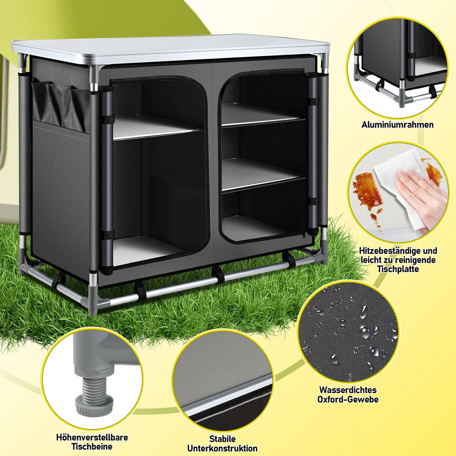 SWANEW Faltbare Campingküche mit Aluminiumrahmen – tragbarer Campingschrank / Outdoorküche mit 5 Fächern und 3 Außentaschen für Camping, Vanlife & Garten