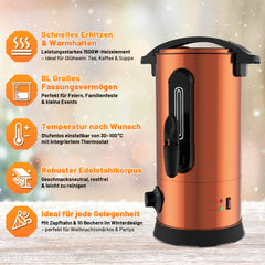 SWANEW Glühweinkocher 8L, inkl. 1500W Heißgetränkeautomat, Edelstahl Glühweinkessel, Thermostat 30–110°C, inkl. 10 Tassen