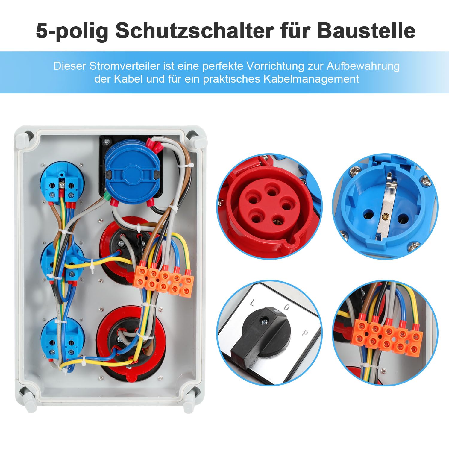 SWANEW Wandverteiler Baustromverteiler CEE 1x32A 5P, 1x16A 5P, 3x230V Schuko Steckdosen, IP44 Wasserdicht, mit L-0-P Schalter, Vorverkabelt Stromverteiler