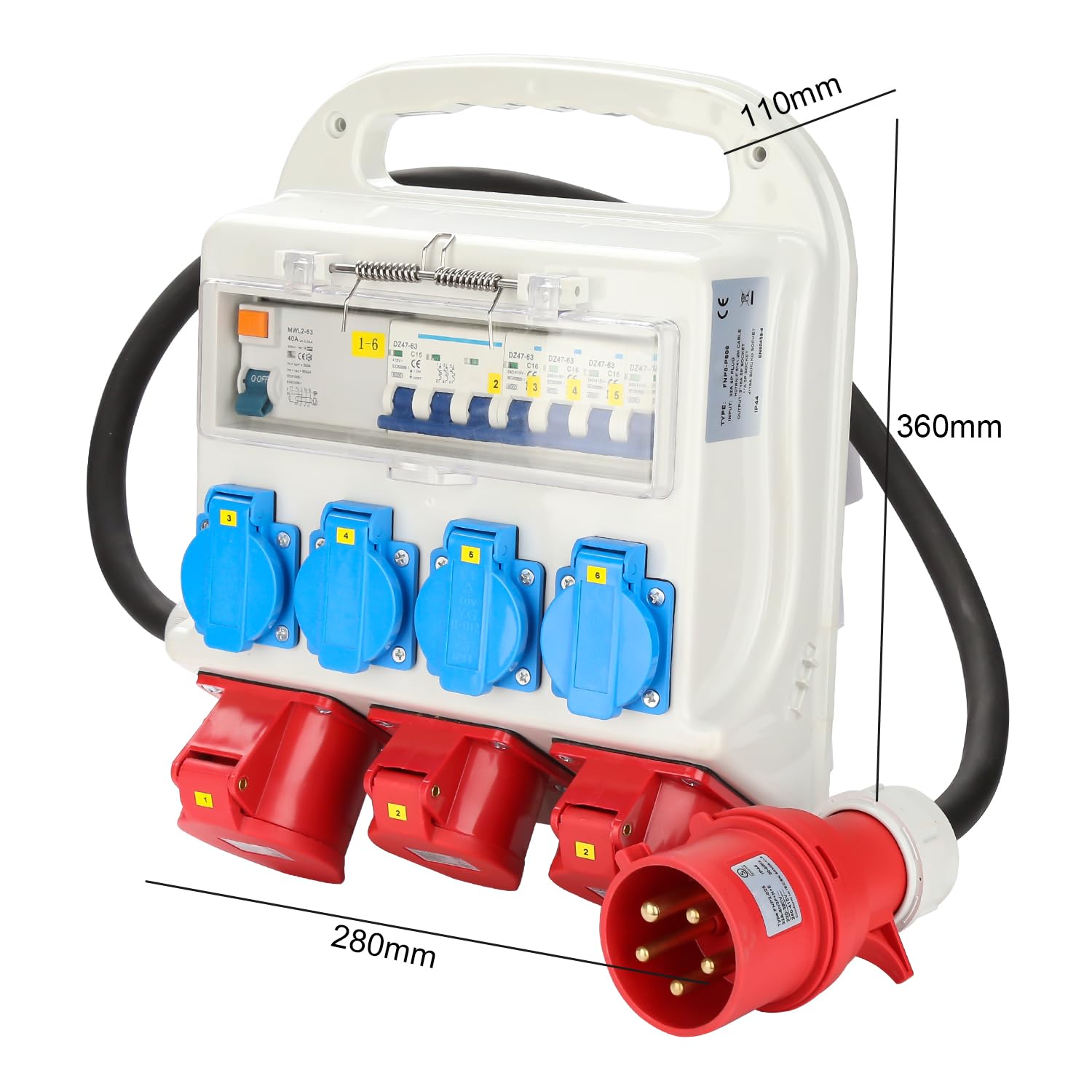 SWANEW Wandverteiler, 2 x CEE 400V/16A + 4 x 230V Schuko IP44 5 polig Stromverteiler, Baustromverteiler 32a, Verteiler Mit Sicherheitsklappdeckeln