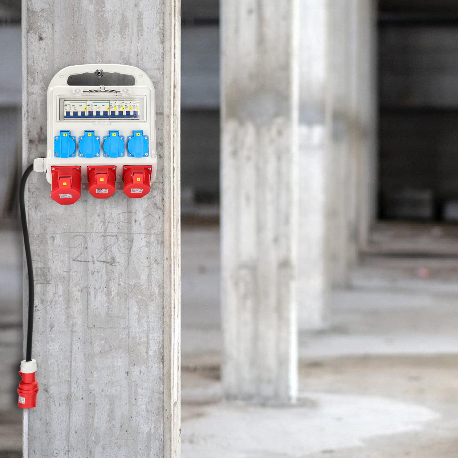 SWANEW Wandverteiler mit FI-Schutzschalter, Stromverteiler Baustromverteiler 2 x CEE 400V/16A+4 x 230V Schuko 5 Polig, IP44, mit Leitung Für Baustelle
