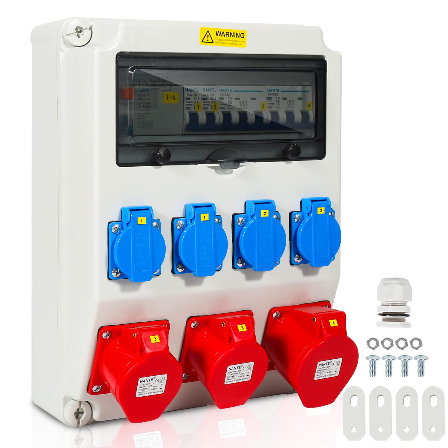 SWANEW Baustromverteiler 4x230V 2x16A 1x32A 400V CEE, Wandverteiler mit FI Schalter LS Schalter, Cee Verteiler Stromverteiler IP44
