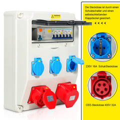 SWANEW Baustromverteiler 4x230V 2x16A 1x32A 400V CEE, Wandverteiler mit FI Schalter LS Schalter, Cee Verteiler Stromverteiler IP44