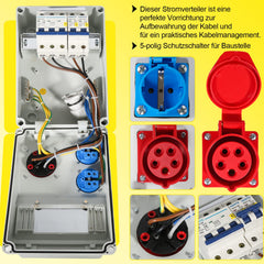 SWANEW Wandverteiler, 1X16A 2x230V MIT LS mit Leitungsschutzschalter, 5 polig, 2 geerdete Steckdosen und 16A CEE-Steckdose für Innen- und Außenverteileranlagen