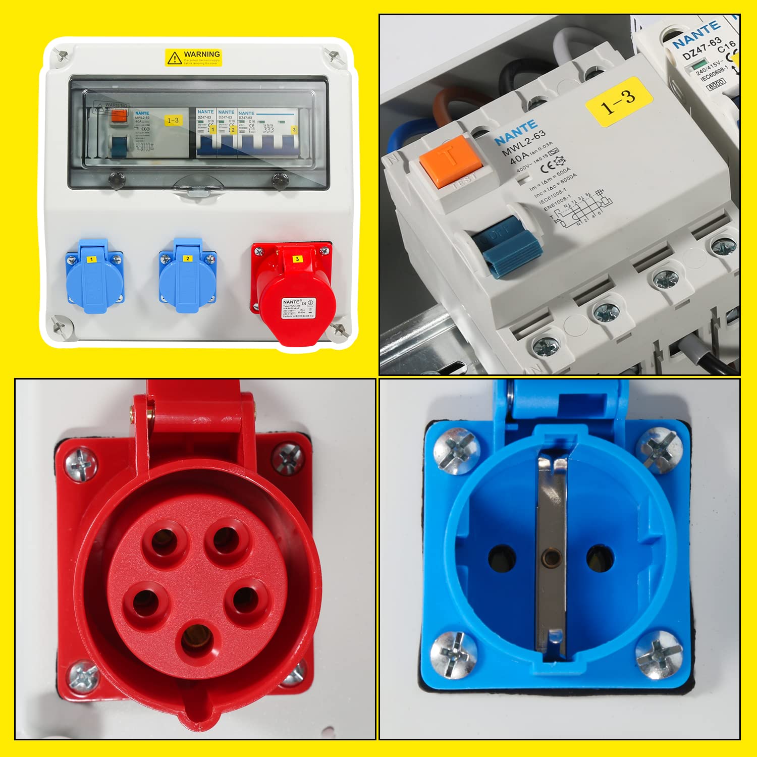 SWANEW Wandverteiler, Stromverteiler, 1X16A 2x230V MIT LS+FI, Baustromverteiler mit RCCB Schalter mit Überlastschutzschalter