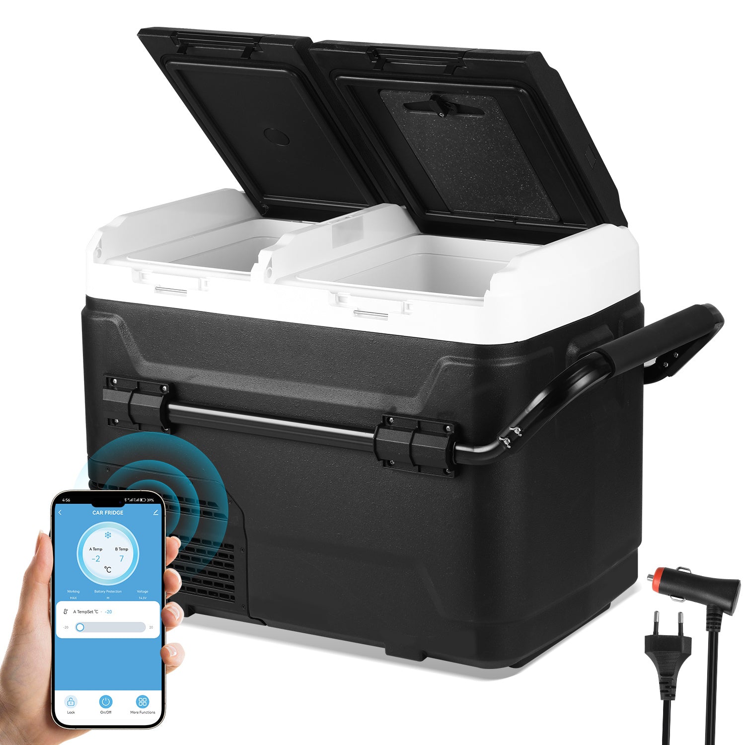 SWANEW Kompressor Kühlbox elektrisch, Doppeltür Doppelzone Auto Kühlschrank, mit Bluetooth-Steuerung