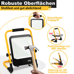 SWANEW LED Baustrahler 50W-200W, Arbeitsleuchte IP66 Wasserdicht, LED-Strahler mit 3M Kabel, und Faltbarer Ständer, 6000K Kaltweiß Fluter für Werkstatt (mit Stecker)