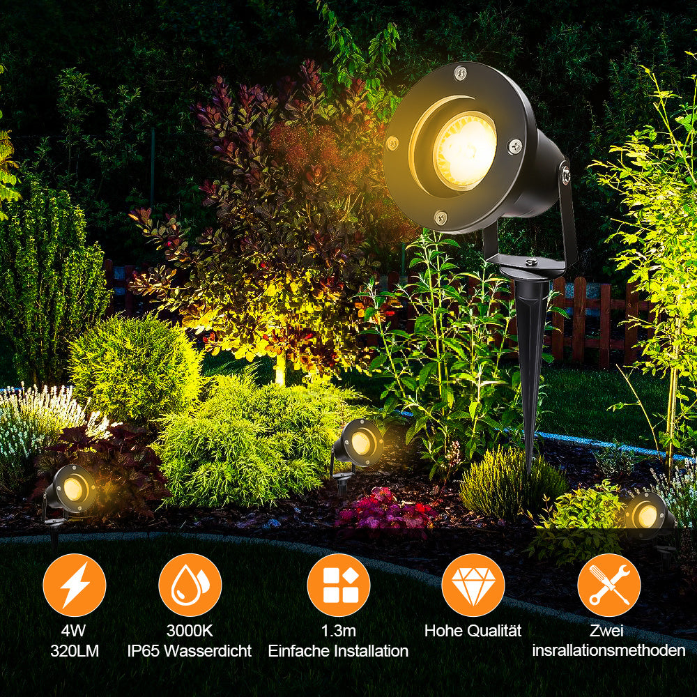 SWANEW LED Gartenstrahler 4W, Gartenleuchte GU10 4000K Warmweiß, Gartenbeleuchtung mit Erdspieß, IP65 Gartenlampe mit Stecker