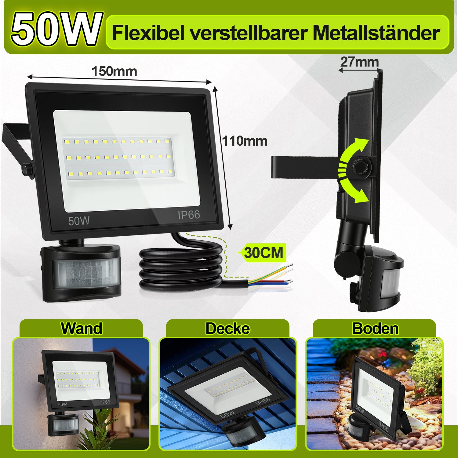 SWANEW 10-100W LED Strahler mit Bewegungsmelder, LED Fluter Kaltweiß Wandstrahler Außen IP66, Scheinwerfer, Gartenlampe, Baustrahler (kein Stecker)