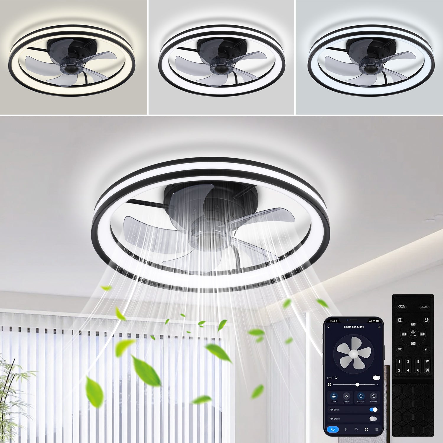 SWANEW Deckenventilator Mit Beleuchtung Dimmbar Ventilator Ø50cm, Fernbedienung/APP-Steuerung, 6 Windstufen, Deckenleuchte mit Ventilator