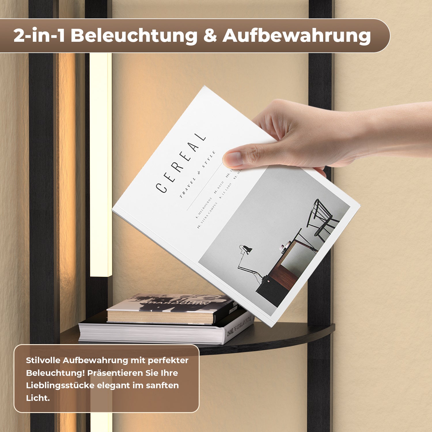 SWANEW Stehlampe mit Holzregal, Bücherregal mit LED-Beleuchtung, 360° Drehbare RGB LED Stehleuchte Wohnzimmer, 3 Farbtemperaturen, 20W & 163 cm Höhe