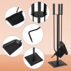 SWANEW Kaminbesteck Set, 3-teiliges, Kamingarnitur mit Besen, Schaufel, Eisenhaken, Ständer, Kaminzubehör, Ofenbesteck Schwarz