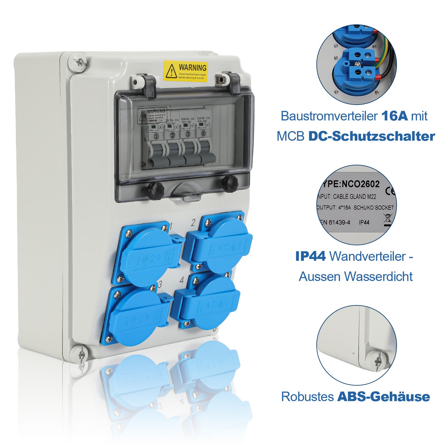 SWANEW Wandverteiler mit Leitungsschutzschalter, Baustromverteiler, 4xSchuko-Steckdose und CEE-Steckdose 16A, Stromverteiler, IP44