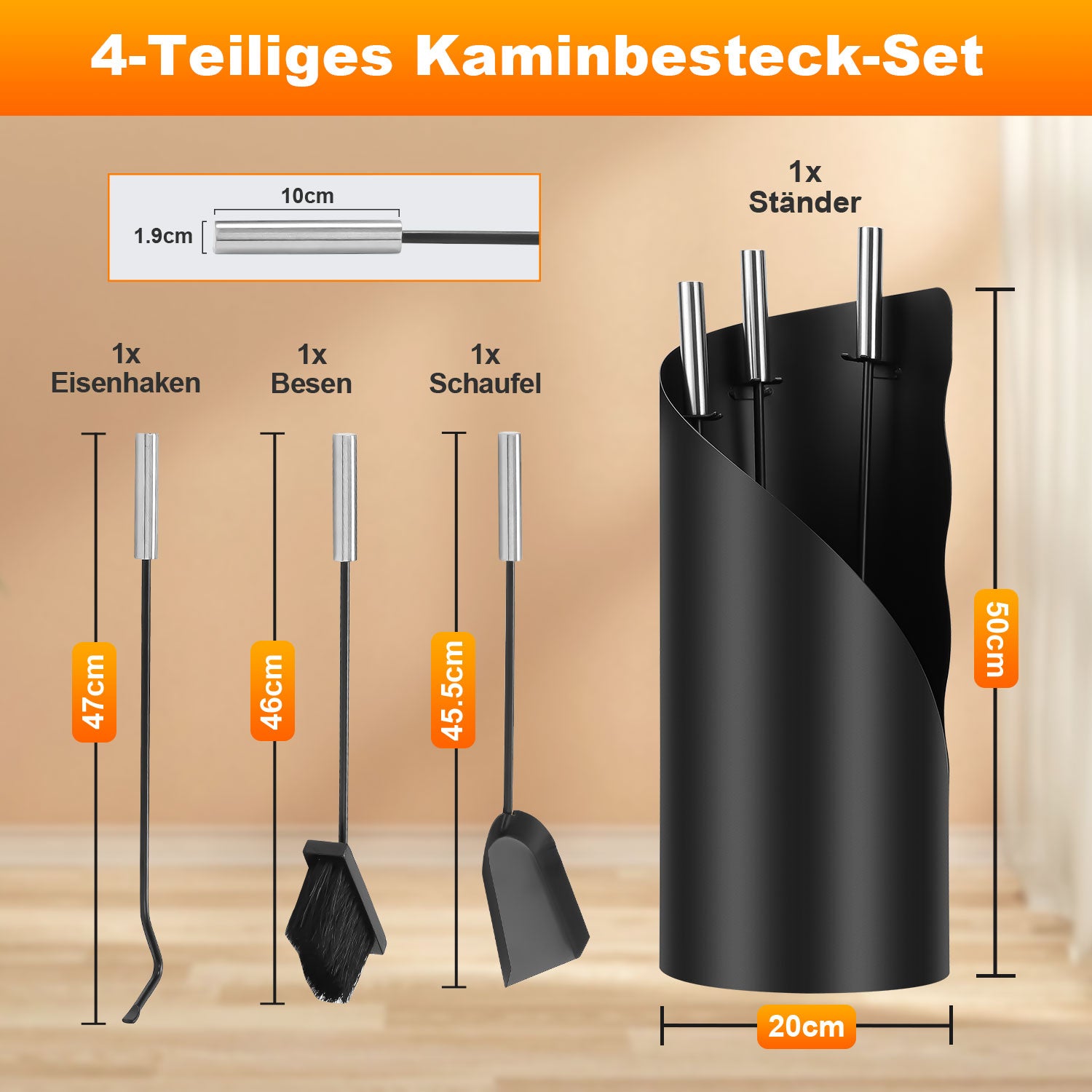 SWANEW Kaminbesteck Set 4 teilig Kaminzubehör mit Kaminaufbewahrung Kaminreinigungsset Kaminwerkzeuge Schwarz