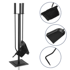 SWANEW Kaminbesteck Set, 3-teiliges, Kamingarnitur mit Besen, Schaufel, Eisenhaken, Ständer, Kaminzubehör, Ofenbesteck Schwarz