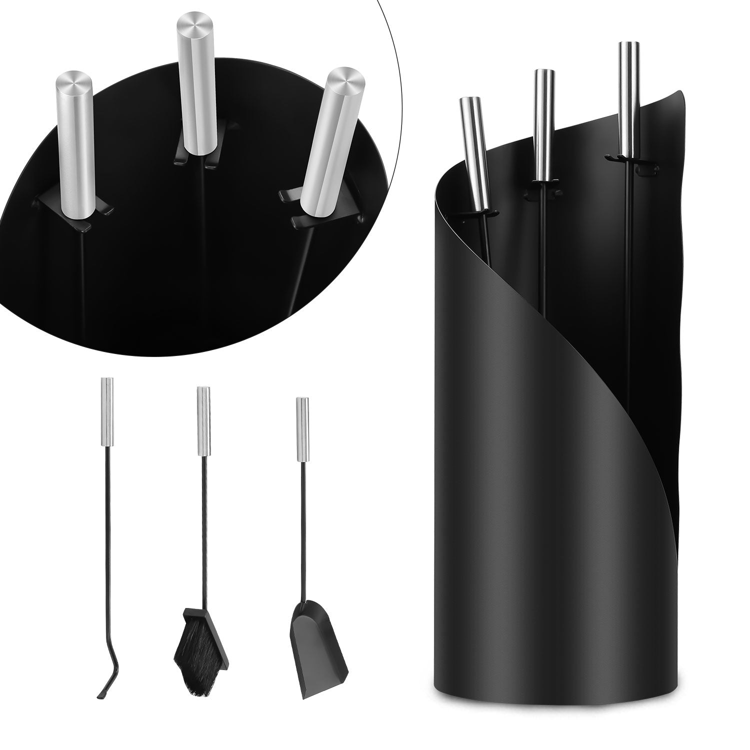 SWANEW Kaminbesteck Set 4 teilig Kaminzubehör mit Kaminaufbewahrung Kaminreinigungsset Kaminwerkzeuge Schwarz