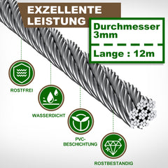 SWANEW Rankhilfe, Edelstahl Drahtseil, , Rankseilsystem Set 12M, mit Wandhaltern und 3mm Stahlseil, fĂźr Kletterpflanzen