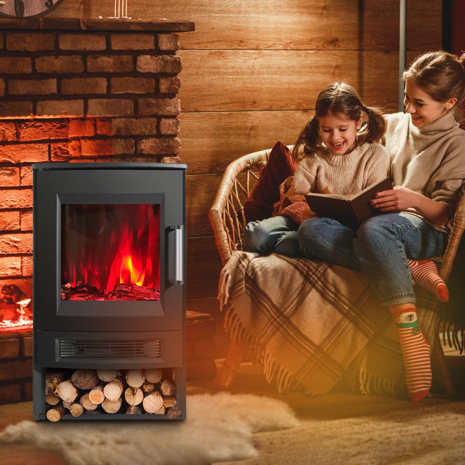 SWANEW Elektrokamin mit Heizlüfter Fernbedienung, 900/1800W Elektro Kamin mit Thermostat Heizfunktion, Timer, Elektrischer Heizung LED Kaminfeuer Effekt, WiFi Fernbedienung