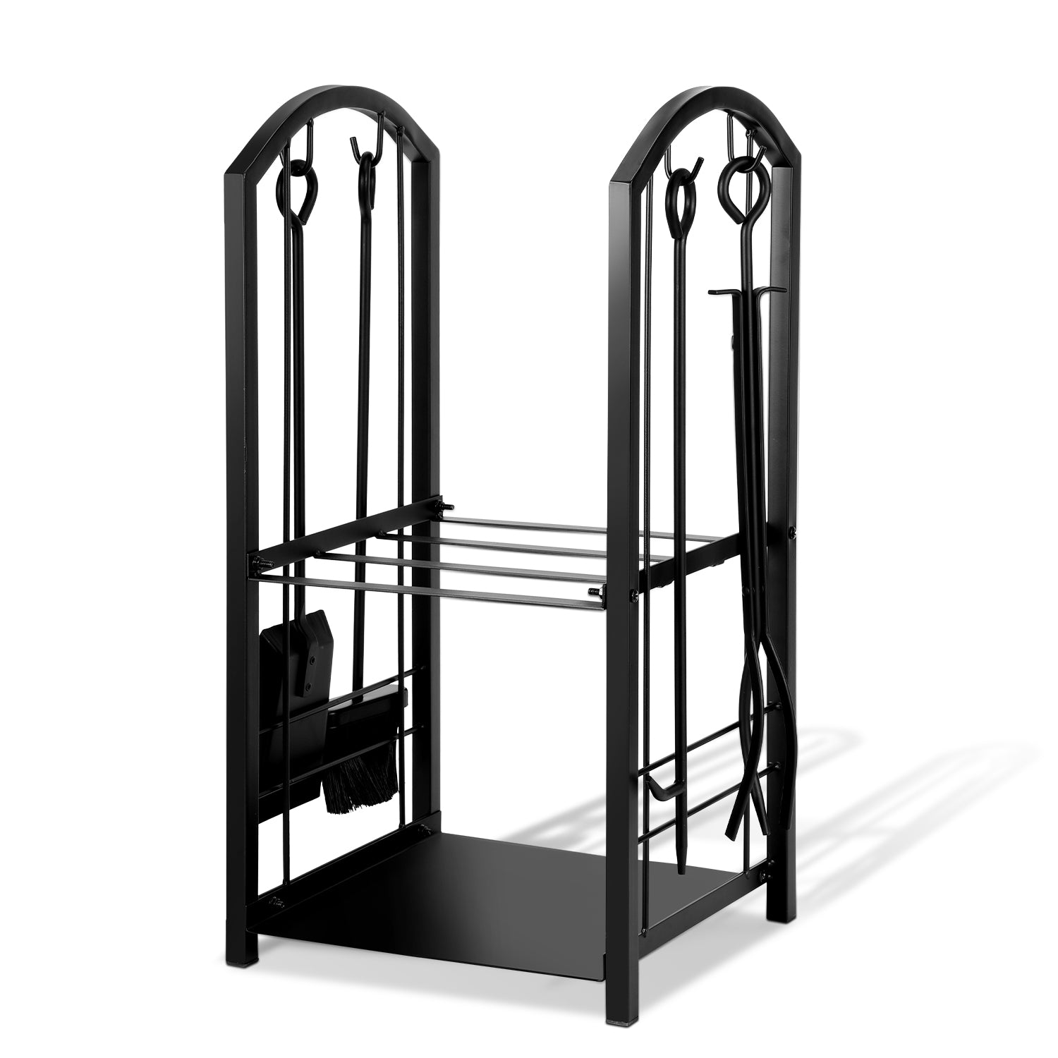 SWANEW kaminholzregal Innen und Aussen, mit Kaminbesteck, Metall Brennholzregal, Holzunterstand für Kaminholz, 37 x 33 x 74CM, Schwarz