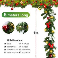 SWANEW 5m Weihnachtsgirlande mit 100 warmweißen LEDs Weihnachtsdeko Kranz Tannengirlande mit Kugeln Lichterkette
