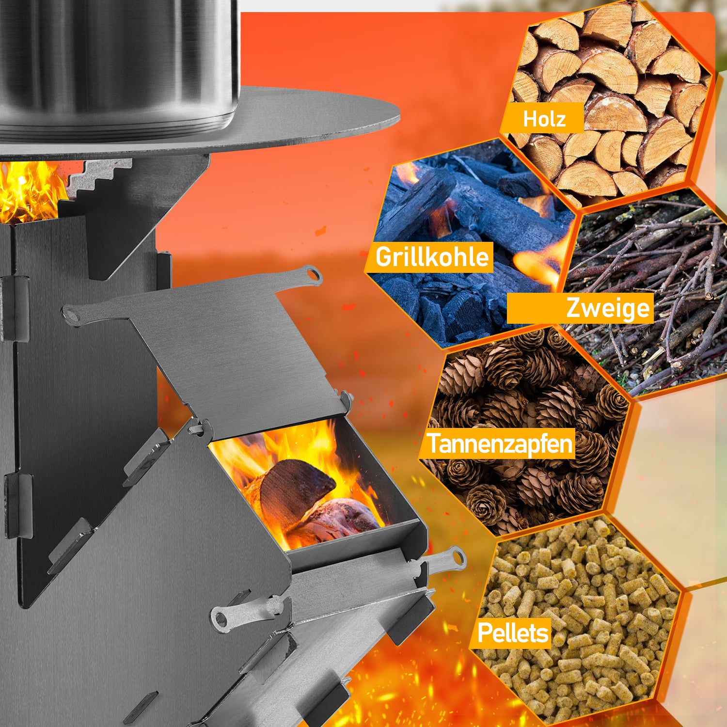 SWANEW Raketenofen mit Grillplatte und Feuerhaken, Rocket Stove Stecksystem aus 3 mm dickem Stahl, Raketenofen Outdoor Holzofen Campingkocher Kanonenofen für BBQ Terrasse