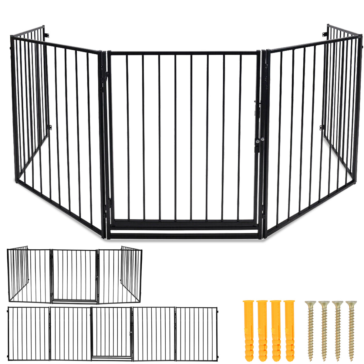 SWANEW Kaminschutzgitter mit Tür 304 cm Baby Absperrgitter, Tierschutzgitter für Kinder, 5-teilig (je 60 x 75 cm) Schwarz