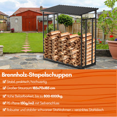 SWANEW Kaminholzregal, Metall brennholzregal, Feuerholzregal, mit Dach, 185x70x185cm