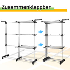 SWANEW Wäscheständer Turm,wäscheständer ausziehbar Länge 75-150cm, platzsparend, 4 Etagen mit 2 klappbaren Flügeln, 360°drehbare Rollen, Wäscheturm