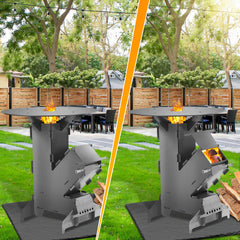 SWANEW Raketenofen mit Grillplatte und Feuerhaken, Rocket Stove Stecksystem aus 3 mm dickem Stahl, Raketenofen Outdoor Holzofen Campingkocher Kanonenofen für BBQ Terrasse