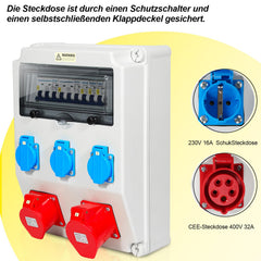 SWANEW Wandverteiler mit Leitungsschutzschalter,5 Polig Baustromverteiler, Stromverteiler 3x230V+1x16A+1x32A/400V CEE, Verteiler IP44