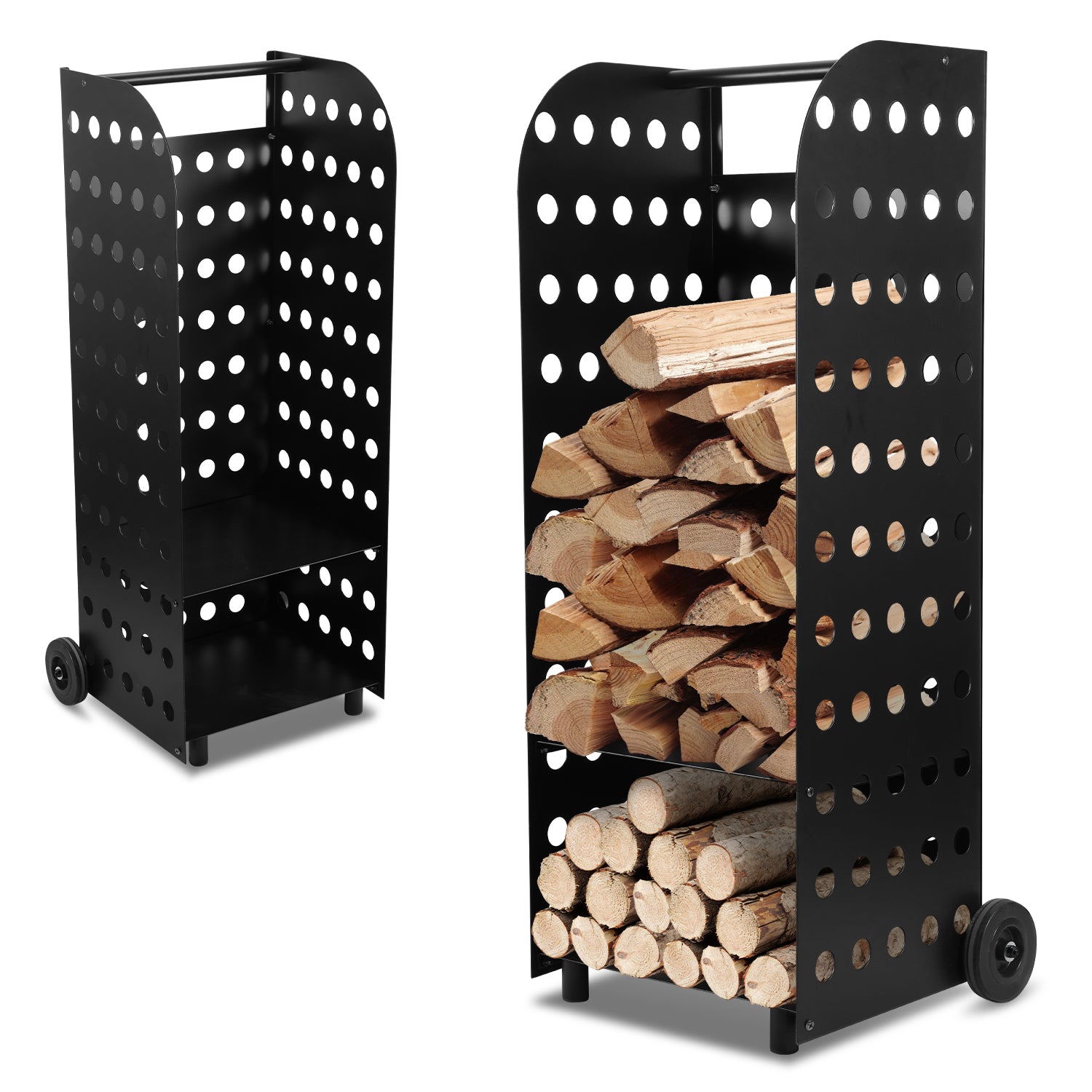 SWANEW Kaminholzwagen Brennholzwagen Kaminholzständer Trolley,Kaminzubehör Holzkarre 60kg, Mit Lochplatte, 42x35x112cm