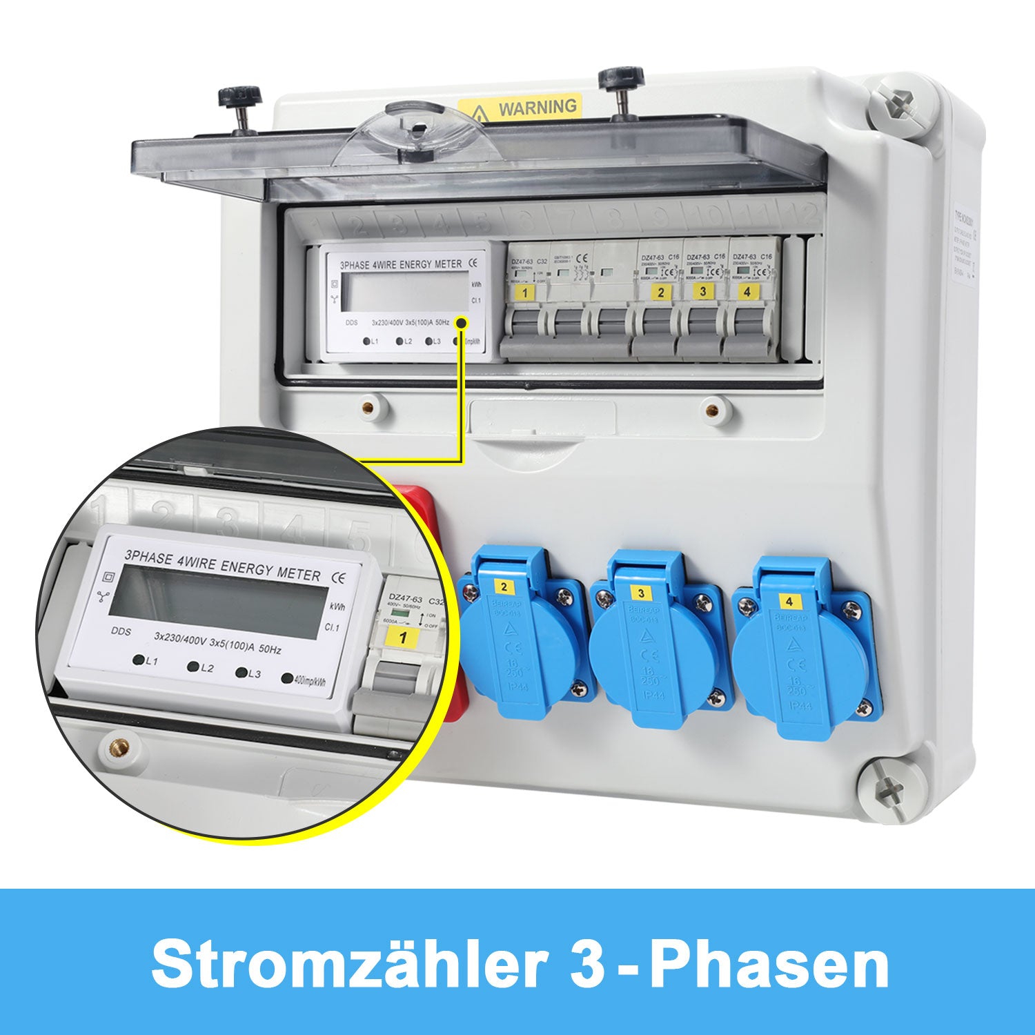 SWANEW Wandverteiler, Baustromverteiler 3x16A 230V, 1x CEE+32A 5 polig Steckdosen mit MCB Leitungsschutzschalter, 3-Phasen Stromverteiler IP44 Mit Sicherheitsklappdeckeln